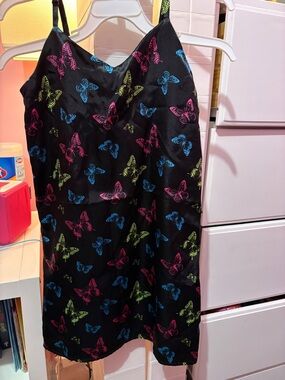 art class Black Butterfly Slip Dress with Pink, Blue & Lime Butterflies